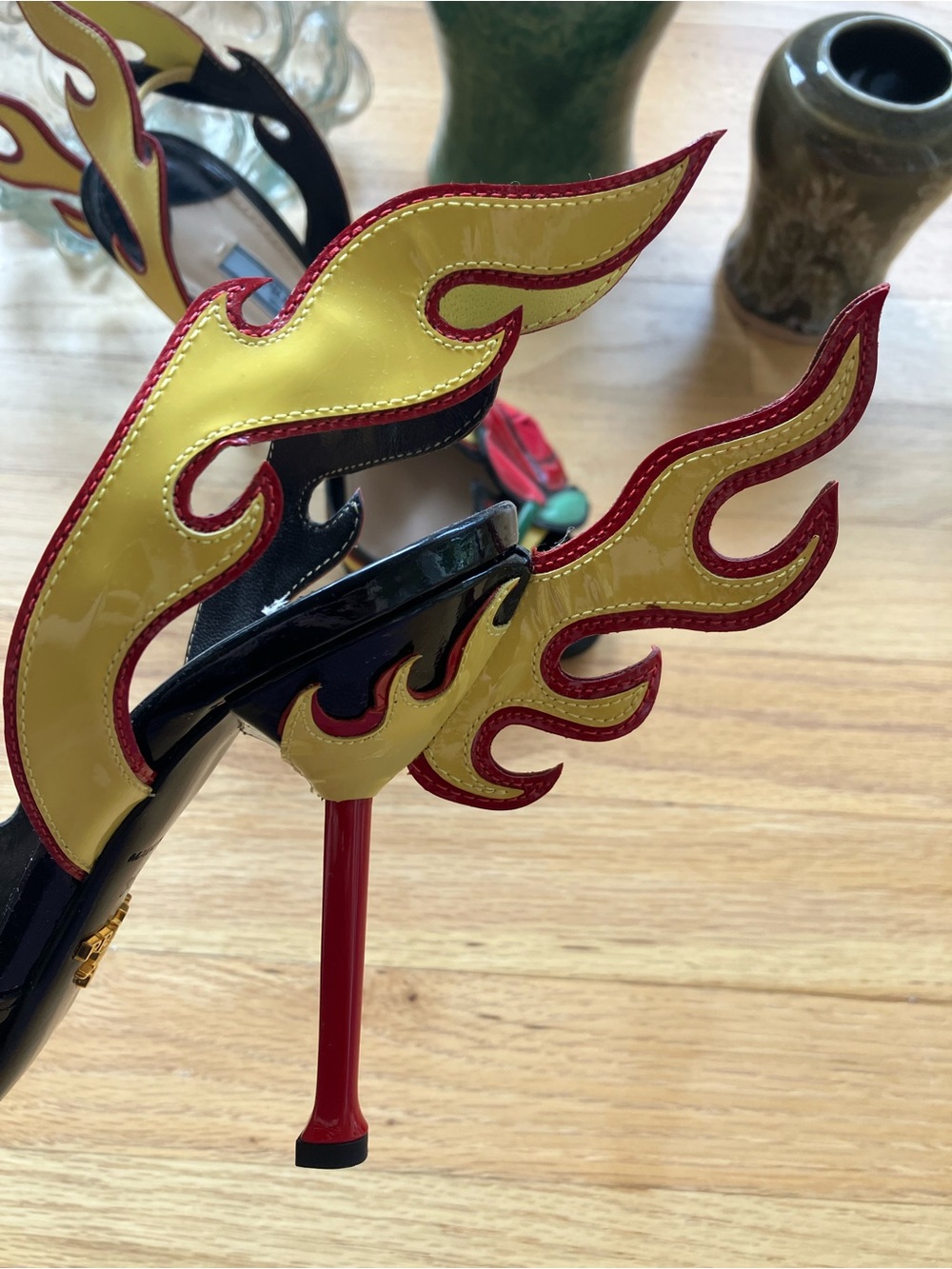 Iconic Prada Hot Rod Flames Heels SS 2012 Yellow With Roses Like New 36.5/6.5 - Picture 6 of 14